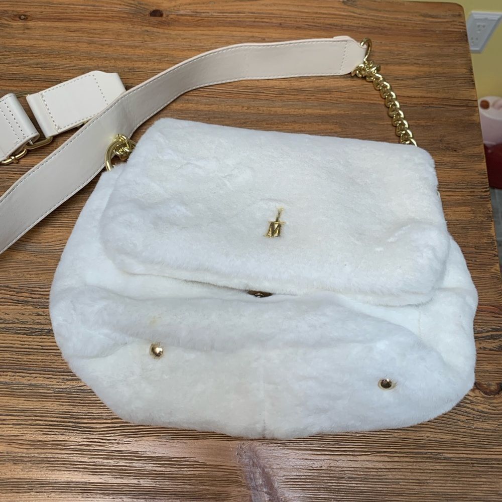 Isaac Mizrahi White Faux Fur Shoulder Bag with Gold Details